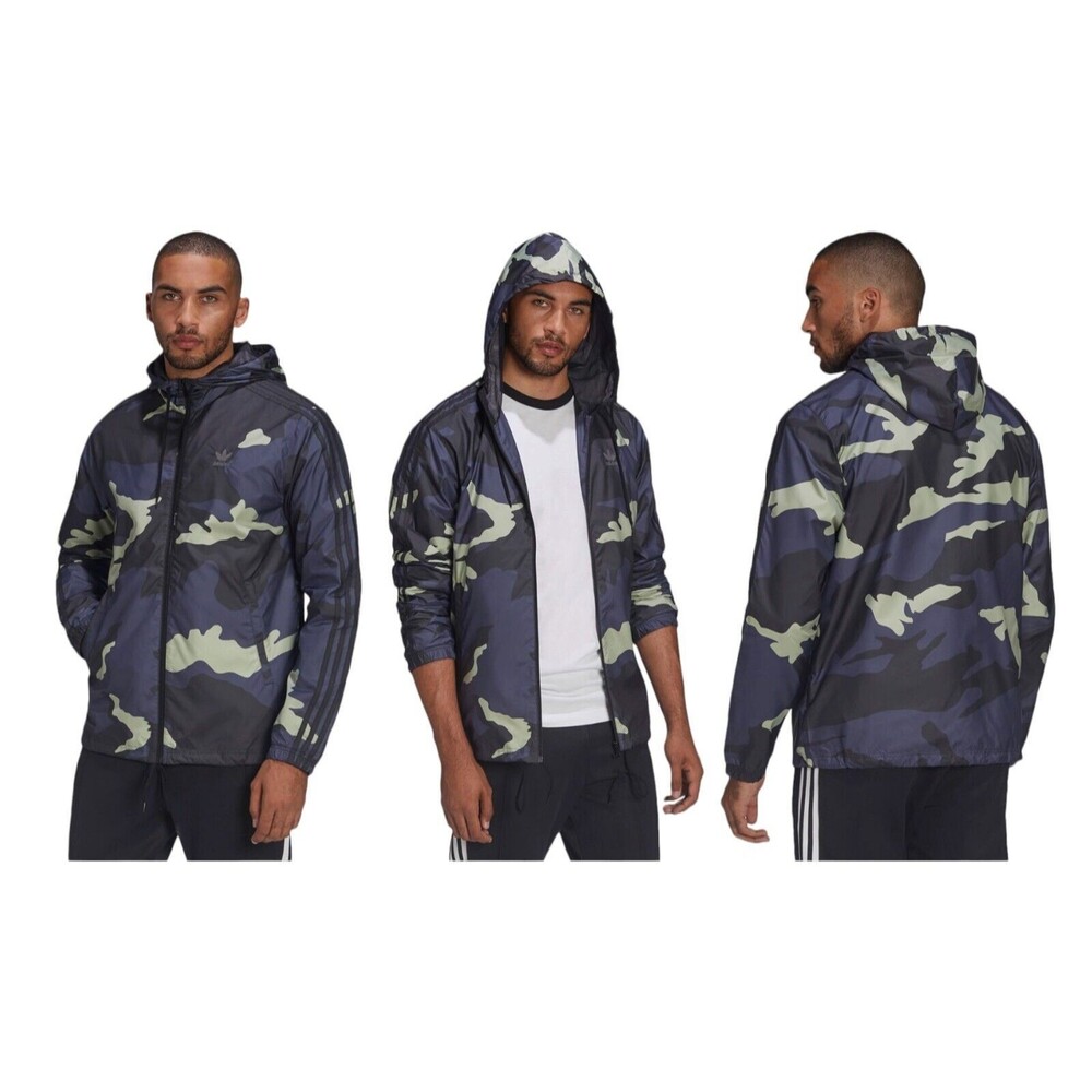 Adidas Windbreaker Mens'  XL Black & Blue Camo Lightweight Full Zip Up HF4876